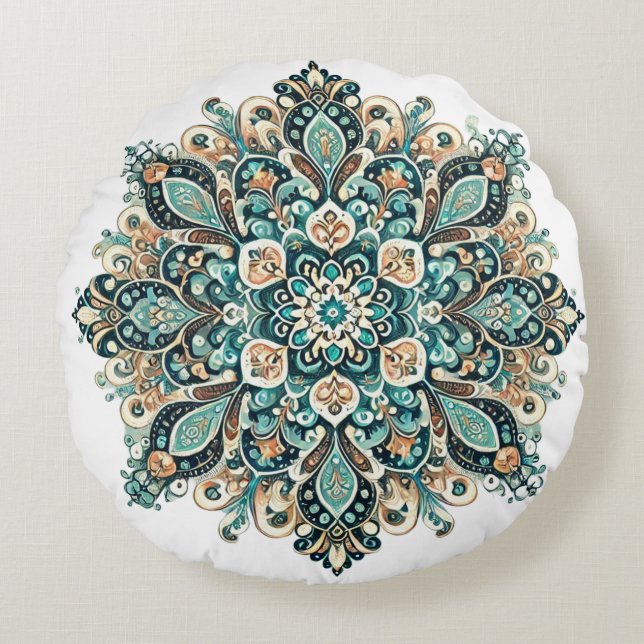 Coussins Ronds Paisley Mandala Turquoise avec Accents Or 1 (Devant)