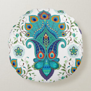 Coussins Ronds Paisley orientale, motif en plumes paon.