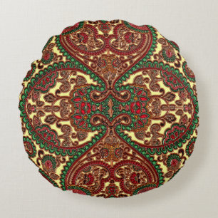 Coussins Ronds Paisley victorien motif élégant rouge vert or