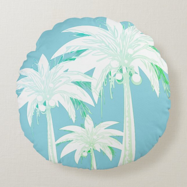 Coussins Ronds Palm Tree Aqua Bleu Été Vert Blanc Tropical (Devant)