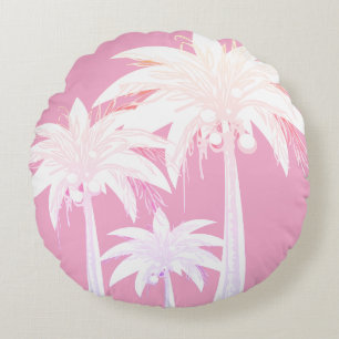 Coussins Ronds Palm Tree Pink White Tropical Summer Beach House