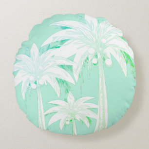 Coussins Ronds Palm Tree Seafoam Green White Tropical Beach House