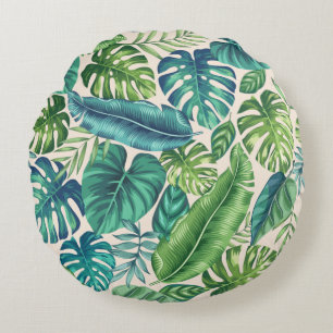 Coussins Ronds Palm vert et Turquoise Tropical Banana Monstera Fe
