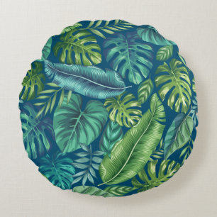 Coussins Ronds Palm vert et Turquoise Tropical Banana Monstera Fe