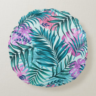 Coussins Ronds Palme rose et Turquoise Tropical & Monstera Feuill