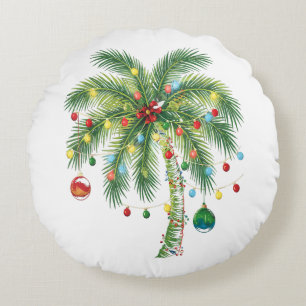 Coussins Ronds Palmier de Noël tropical avec lumières et ornam