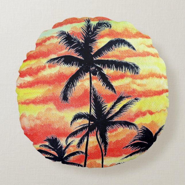 Coussins Ronds Palmiers de Coco-Coques Couchés De Soleil Hawaïen (Devant)