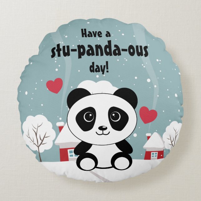 Coussins Ronds Panda Bébé Cute En Hiver Gris Neige (Devant)