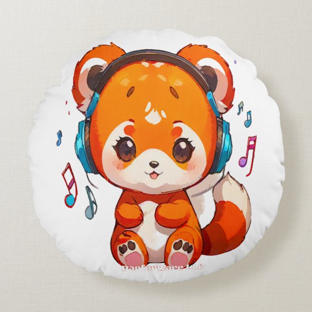 Coussins Ronds Panda écoutant de la musique Kpop (Devant)