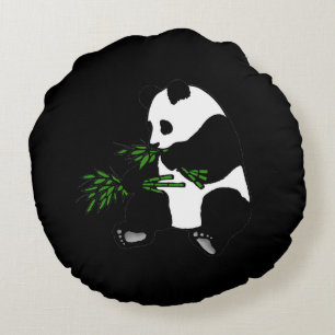 Coussins Ronds Panda géant mange du bambou noir