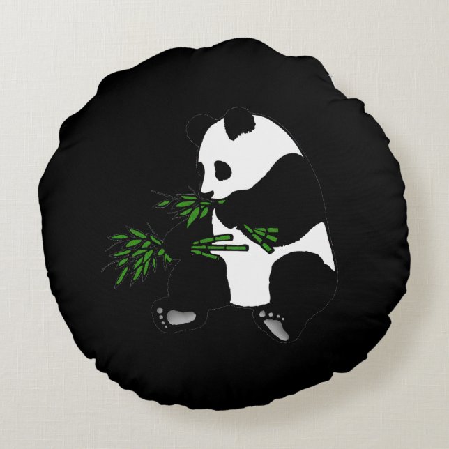 Coussins Ronds Panda géant mange du bambou noir (Dos)