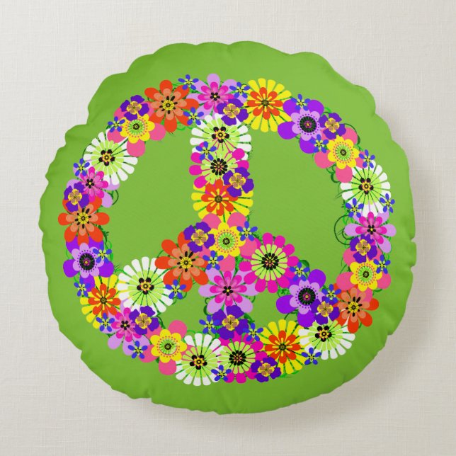 Coussins Ronds Panneau de paix Floral en vert (Devant)