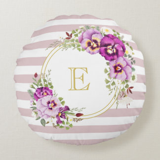 Coussins Ronds Pansies Vintages florales Monogrammes Rayures viol