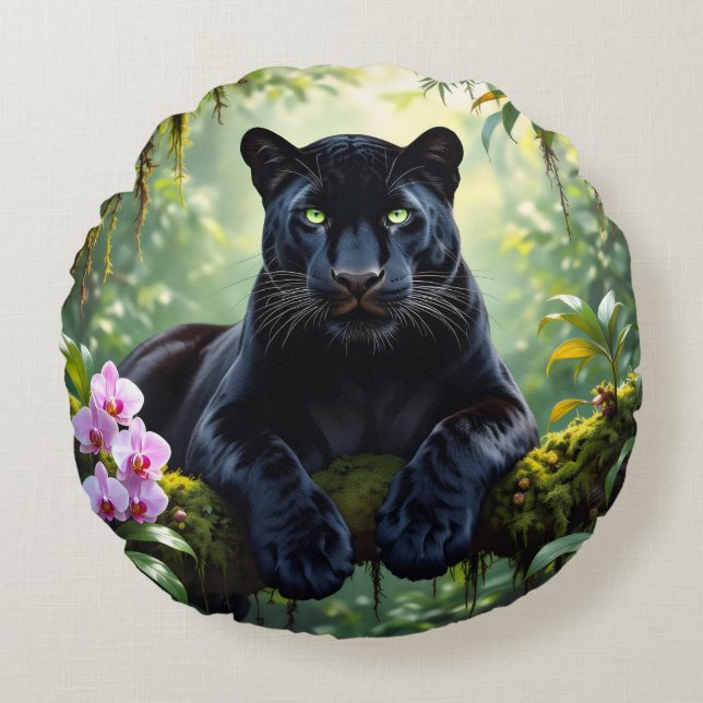 Coussins Ronds Panthère noire dans la jungle (Devant)