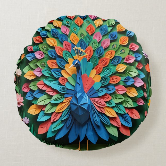 Coussins Ronds Paon en origami  (Devant)
