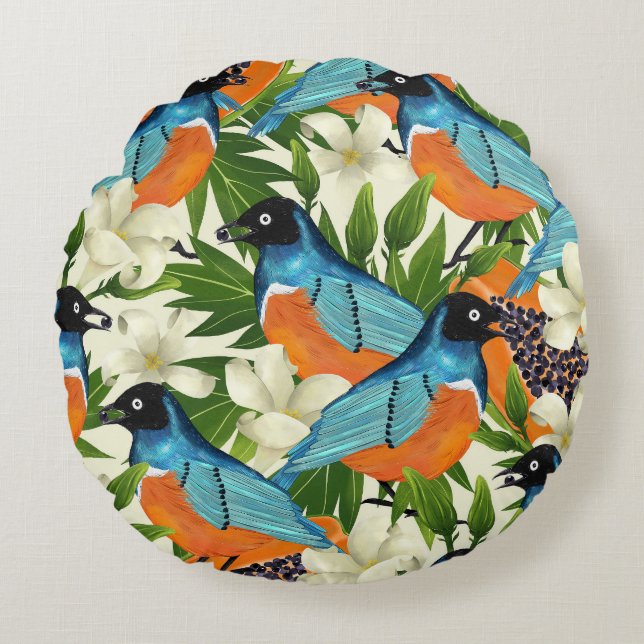 Coussins Ronds papaye tropicale et motif d'oiseaux. (Devant)