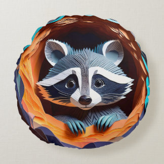 Coussins Ronds Papier Art Baby Raccoon dans l'arbre 3D