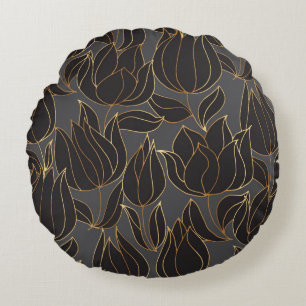 Coussins Ronds Papier de luxe noir et or tulipe floral sans soudu