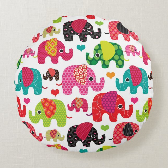 Coussins Ronds papier peint motif rétro éléphant enfants (Devant)