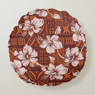 Coussins Ronds Papier peint pour fleurs d'hibiscus vintage hawaïe