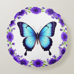 Coussins Ronds Papillon Bleu Floral Jardin de Printemps Fleurs Vi