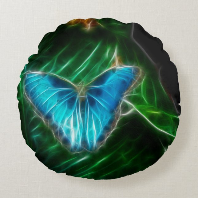 Coussins Ronds Papillon bleu Morpho électrique fractal (Devant)