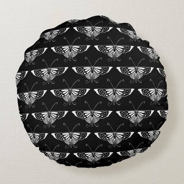 Coussins Ronds Papillon déco stylisé - blanc et noir (Dos)