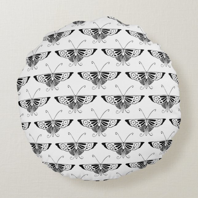 Coussins Ronds Papillon Deco stylisé  - noir et blanc (Dos)