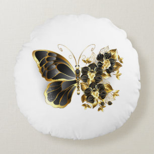 Coussins Ronds Papillon fleur d'or avec orchidée noire