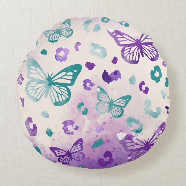 Coussins Ronds Papillon Léopard Violet Gris Motif (Devant)