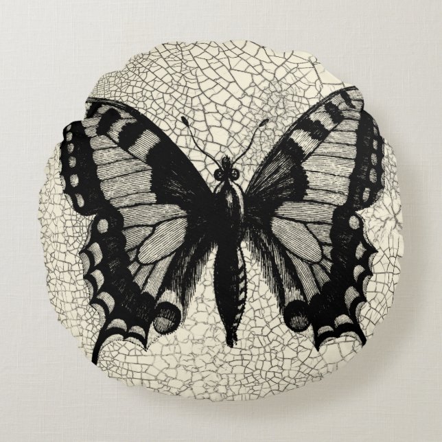 Coussins Ronds Papillon noir et blanc sur l'arrière - plan criqué (Devant)