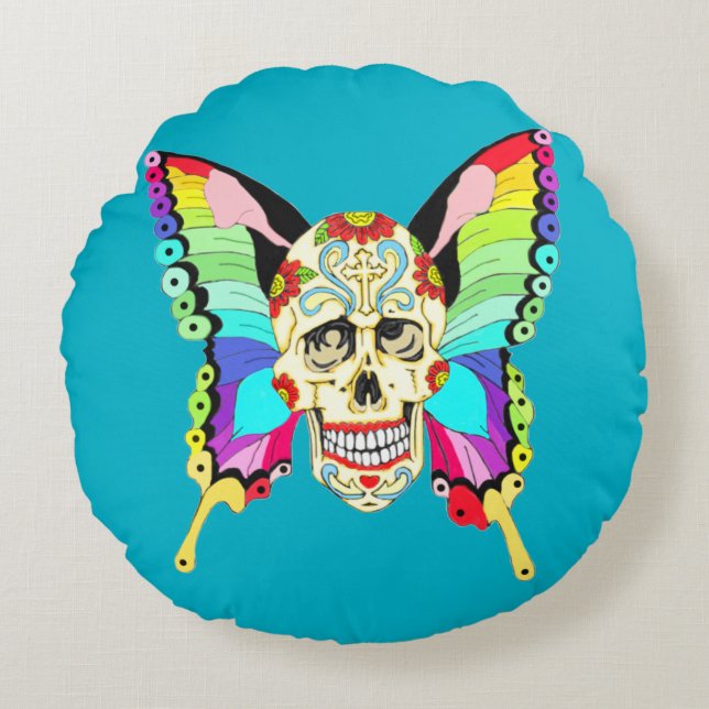 Coussins Ronds Papillon Sugar Skull (Devant)