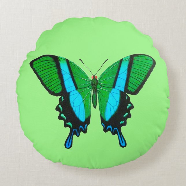 Coussins Ronds Papillon Swallowtail en vert, turquoise et noir (Devant)