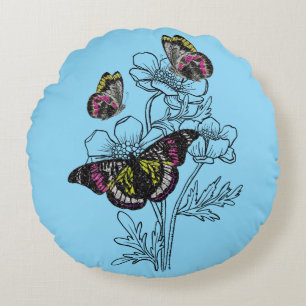 Coussins Ronds papillon vintage, fleurs esthétiques
