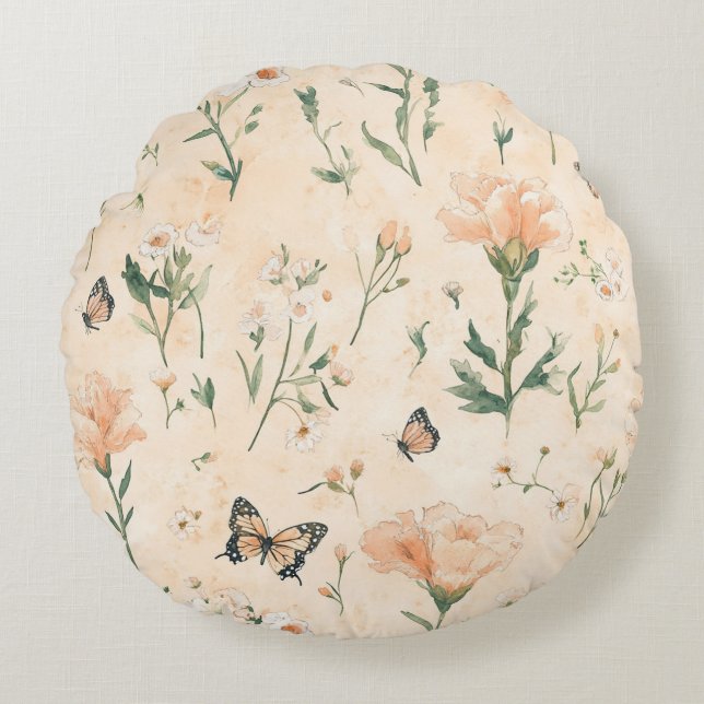 Coussins Ronds Papillons de Pêche Floral (Devant)