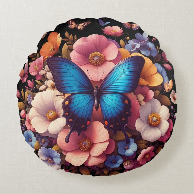 Coussins Ronds Papillons et fleurs motif (Devant)