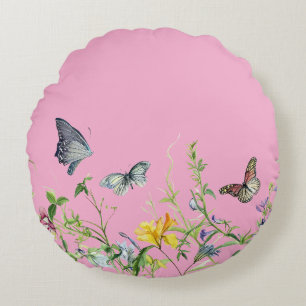 Coussins Ronds Papillons et fleurs (PINK BKGRD)