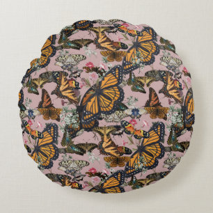 Coussins Ronds Papillons Monarques & Motif Botanique Floral
