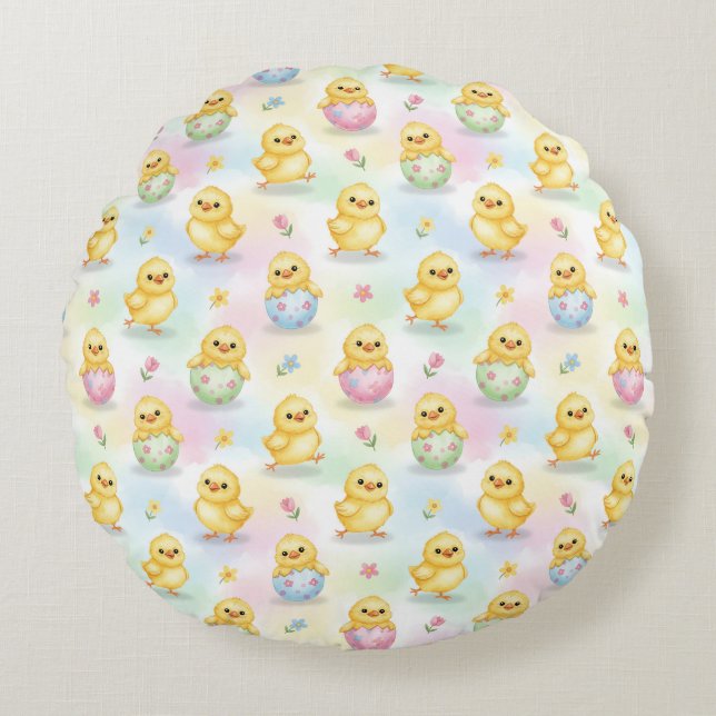 Coussins Ronds Pâques aquarelle poussin bébé mignon (Devant)