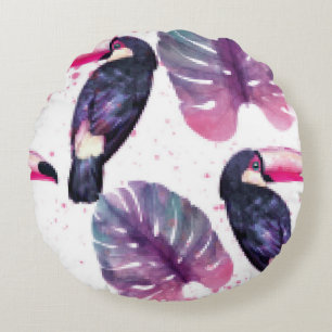 Coussins Ronds Paradis tropical avec perroquets aquarelles et pal