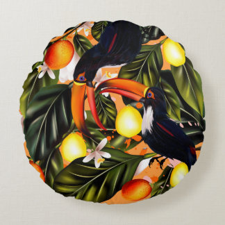 Coussins Ronds Paradis tropical. Toucans et agrume