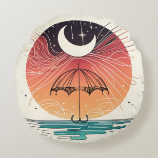Coussins Ronds Parapluie de Lune Céleste avec Art de Pluie d'Étoi