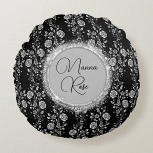 Coussins Ronds Parties scintillant florale chic argent sur noir