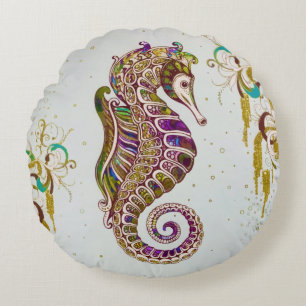 Coussins Ronds Parties scintillant Gold Summer Rainbow Seahorse