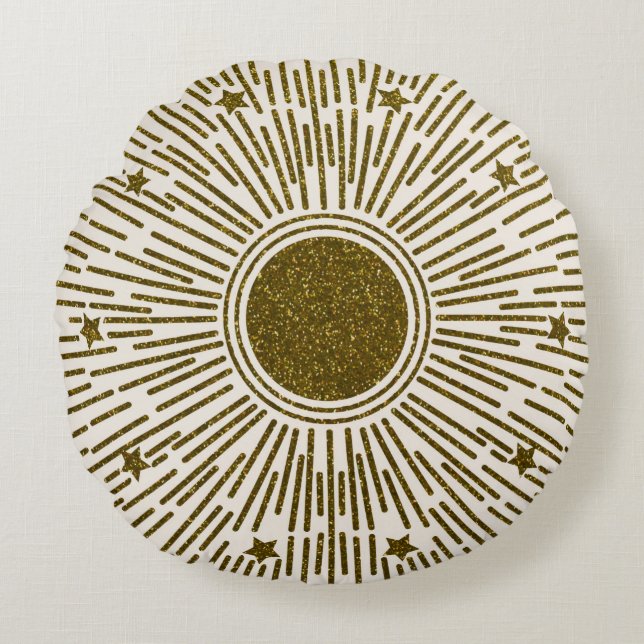 Coussins Ronds Parties scintillant rétro, soleil doré avec rayons (Devant)