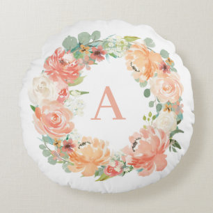 Coussins Ronds Pastel Peach Peonies Eucalyptus Wreath Monogramme