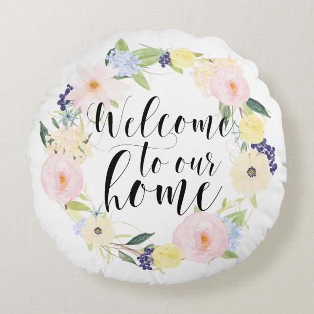 Coussins Ronds Pastel Spring Floral Wreath Bienvenue Dans Notre M (Devant)