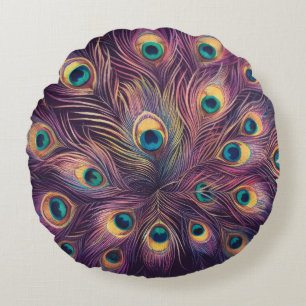 Coussins Ronds Pastels Violets Dessin Peacock Plumes