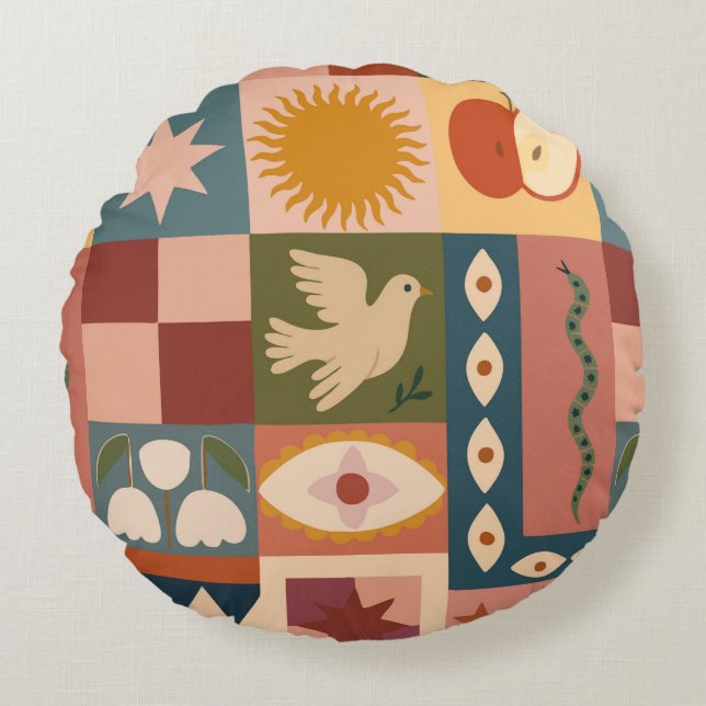 Coussins Ronds Patchwork céleste bohémien avec symboles mystiques (Devant)