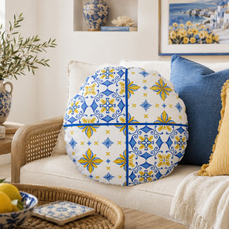 Coussins Ronds Patchwork de carreaux méditerranéens bleu jaune